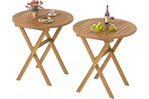 RELAX4LIFE Round Outdoor Folding Table - 26’’ Acacia Wood Patio Bistro Table w/Slatted Tabletop for Indoor Outside Dining Camping, Portable Foldable Wooden Furniture for Garden Backyard Porch (2)