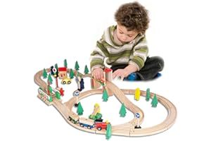 FUNPENY 60 Pcs Colorful Wooden Train and Track Sets,Train Railway Sets Toys for 3+ Years Kids,Boys,Girls Deluxe Holiday Gifts