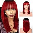 INSTANT FAB Long Bob Human Hair Wig with China Bangs for Black Women Layered Straight Bob with Bangs Human Hair Non Lace Front Wigs - ZIRCON (18 Inch, OT1B/BURG)