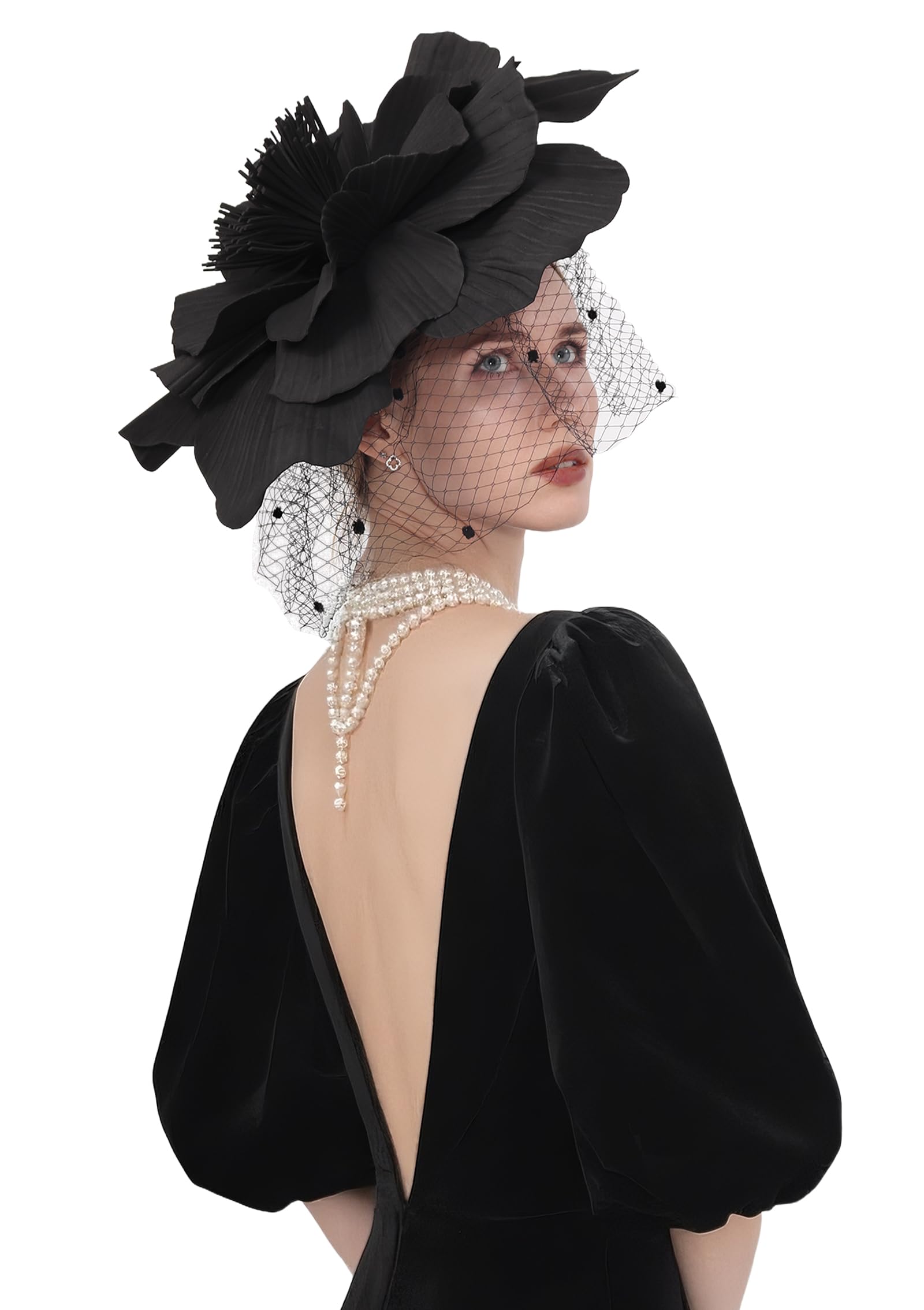 Photo 1 of **UNKNOWN DAMAGES*** PROCOS Large Flower Fascinators Womens Tea Party 2025 Headwear Derby Hats with Headband and Clip for Cocktail Wedding (Black)