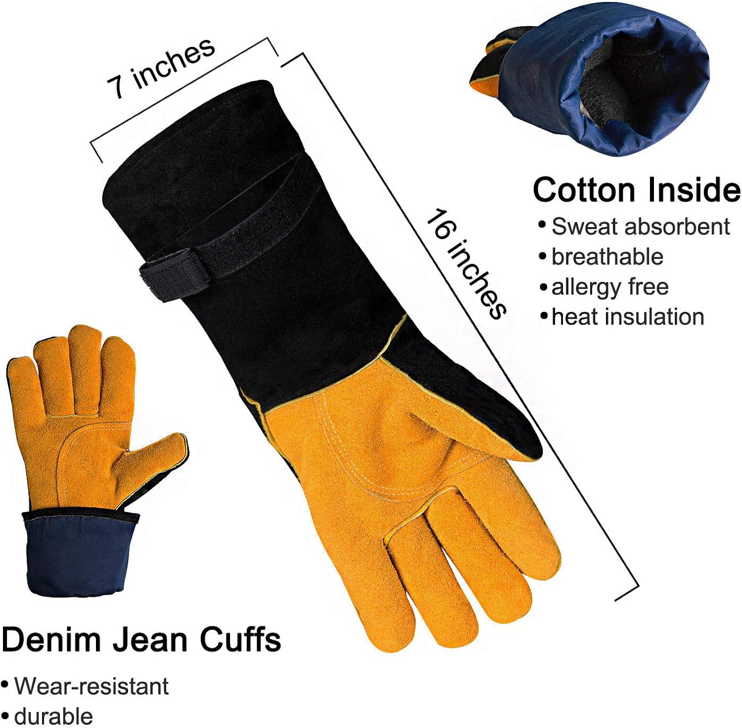 Welding Gloves, Cuwiny 1112°F Heat/Fire Resistant/Leather Forge Gloves, with Kevlar Stitching String, 16 inches Extra Long Sleeve and Fireproof Hook and Loop Tape,fit for Mig/Tig: Clothing