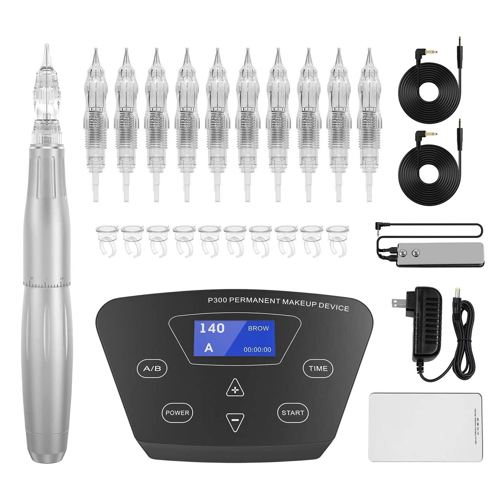 Permanent Makeup Tattoo Machine-BIOMASER Permanent Makeup Eyebrow Tattoo Machine Kit with Foot Pedal Touch Control Power Supply Rotary Tattoo Machine Pen Practice Skin 10pcs Cartridge Needles(Silver)…
