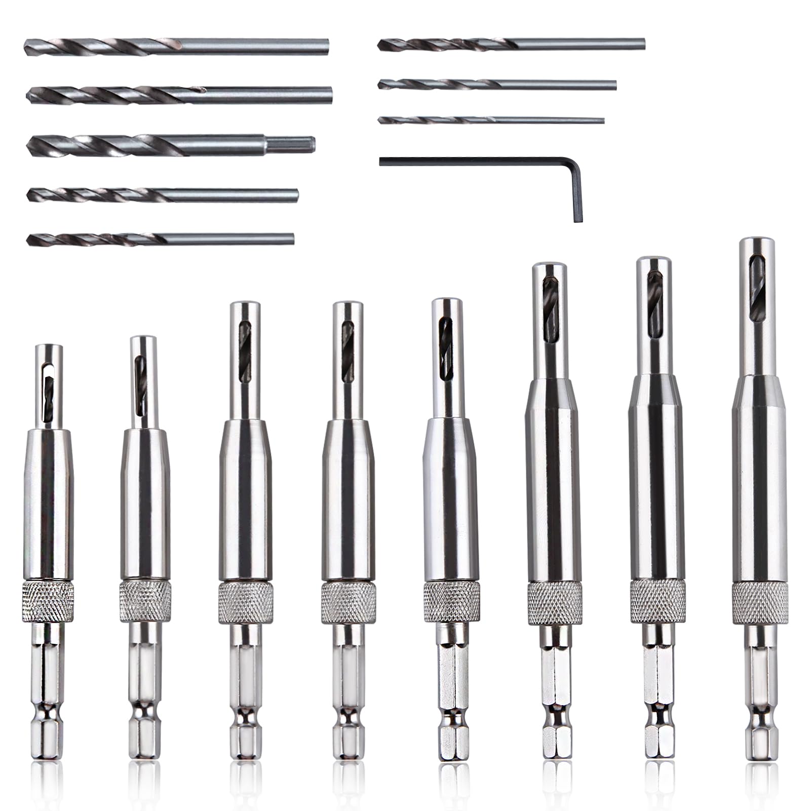 GOLD DEER 17Pcs VIX Bits Self Centering Drill Bit Set Self Centering Drill Bits Set for Hinges 5/64-1/4" Tapper Core Drill Bit for Woodworking Window Door Hinge 8 Pcs with 1 Hex Key and Storage Box