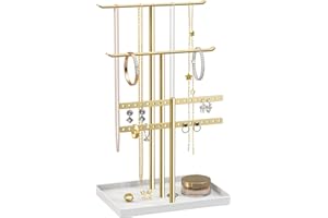 Jewelry Stand Organizer, 37CM Tall Sturdy Metal, 3-Tier Jewelry Holder for Necklace, Earring, Bracelet, Ring, Hanger for Disp