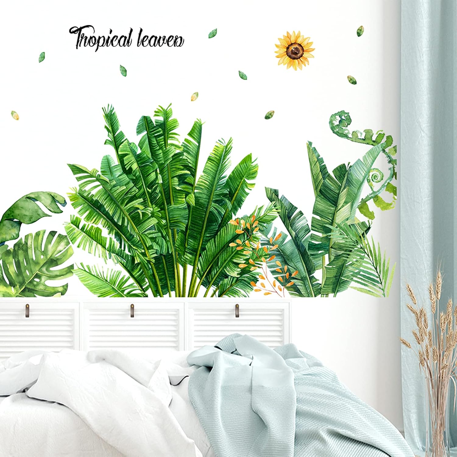 Tropical Plam Green Plant Wall Decor, DILIBRA Giant Nature Banana Green Leaf Sun Wall Decal, Watercolor Fresh Monstera Tree Leaves Wall Stickers Mural for Bedroom Nursery Office: Kitchen & Dining