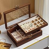 QINGTUHOME 2-Layer Glass Lid Walnut Jewelry Box for Women, Vintage Style Solid Wood Jewelry Organizer and Display Case, Ideal Gift for Rings, Earrings, Necklaces & Bracelets​