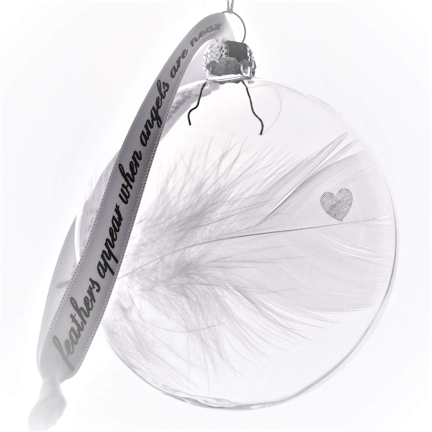 Heart Stamped Real White Feather in Glass Heart Bauble. Christmas Tree