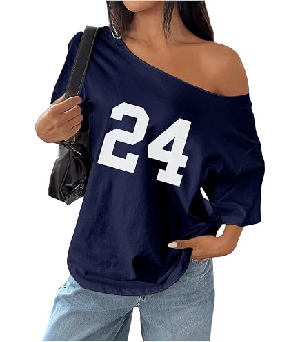 Women's Oversized Jersey Off Shoulder Shirt Crewneck Number