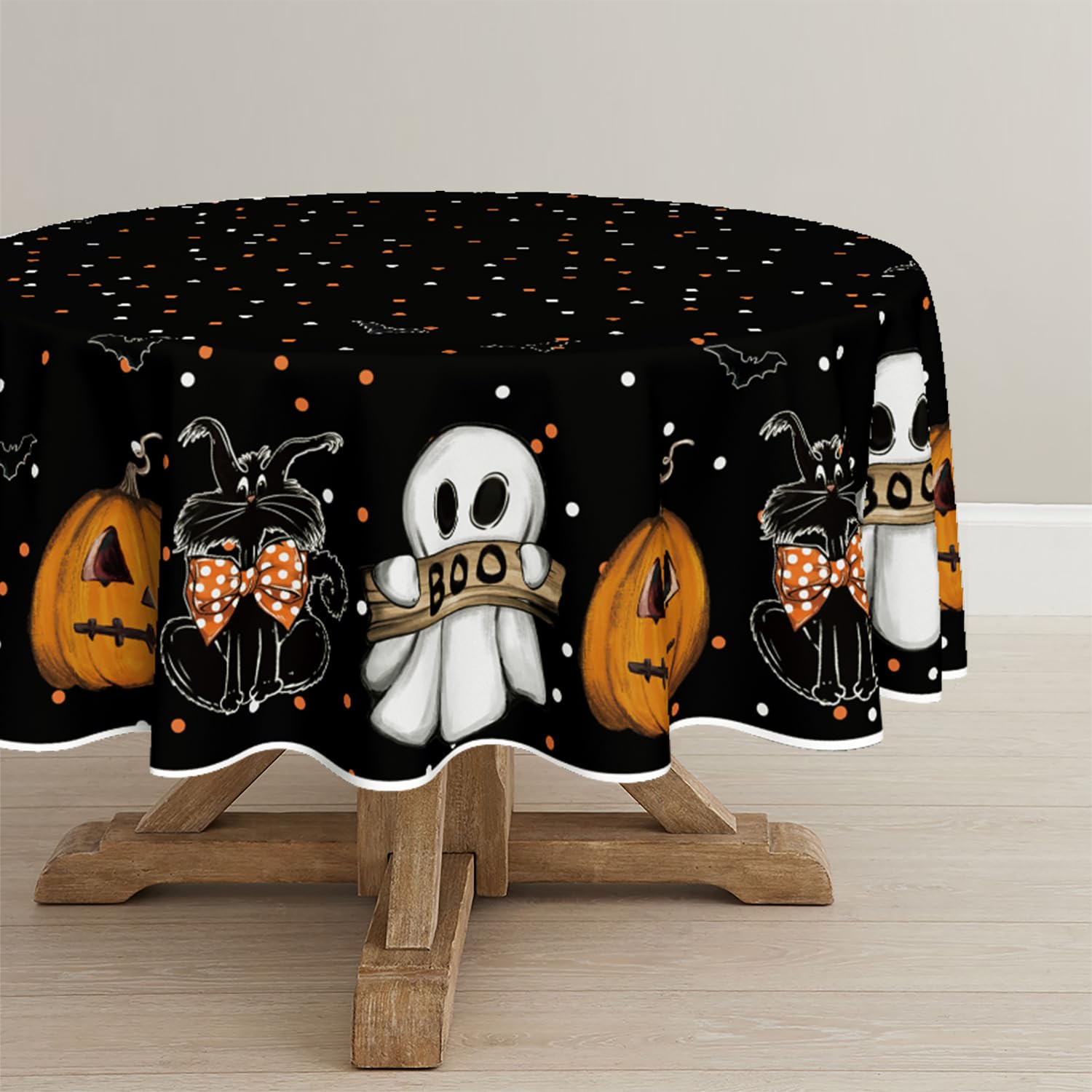 Photo 1 of Horaldaily Halloween Tablecloth 70×70 Inch Round, Jack-O-Lantern Ghost Cat Dots Bats Washable Table Cover for Party Picnic Dinner Decor
