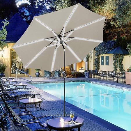 Amazon Com Yescom 10ft Solar Powered Patio Umbrella With Tilt And Crank 8 Ribs Outdoor Market Table Umbrella For Garden Pool White Garden Outdoor