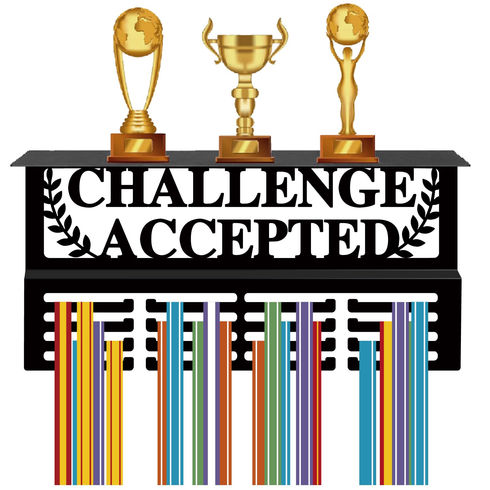 CREATCABIN Medal Hanger Display Trophy Shelf Challenge Accepted Medal Holder with Shelf Stand Sports 4 Rows Metal Hanging Wall Mount Hold 70+ Medals for Competition Ribbon Medals Rack 15.7x7.9Inch