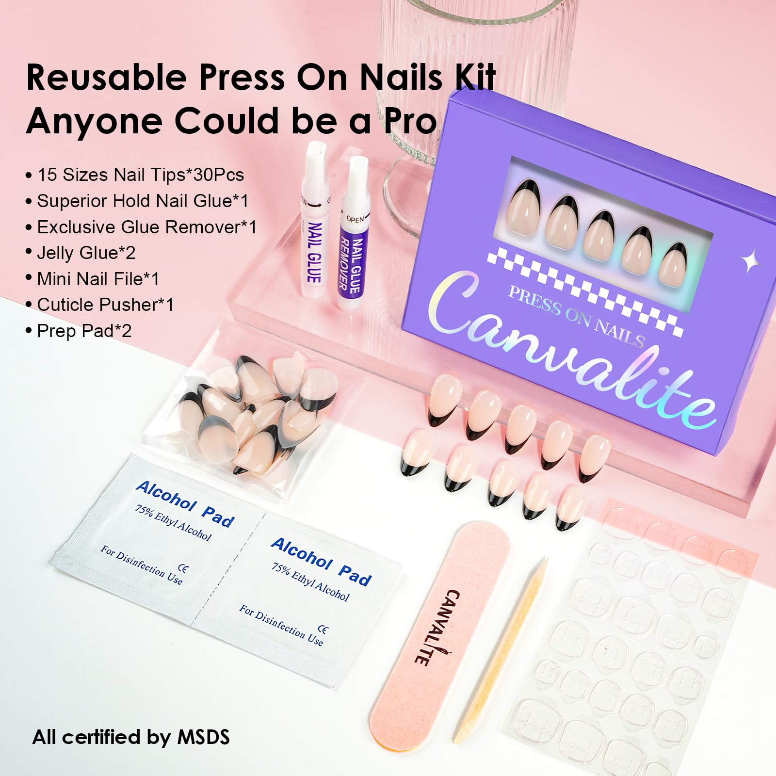 Canvalite French Tip Press On Nails, 30Pcs Short Almond Press on Nails Reusable Acrylic Fake Nails with Glue & Glue Remover Easy to Use Manicure Kit for Women, Black - Image 4