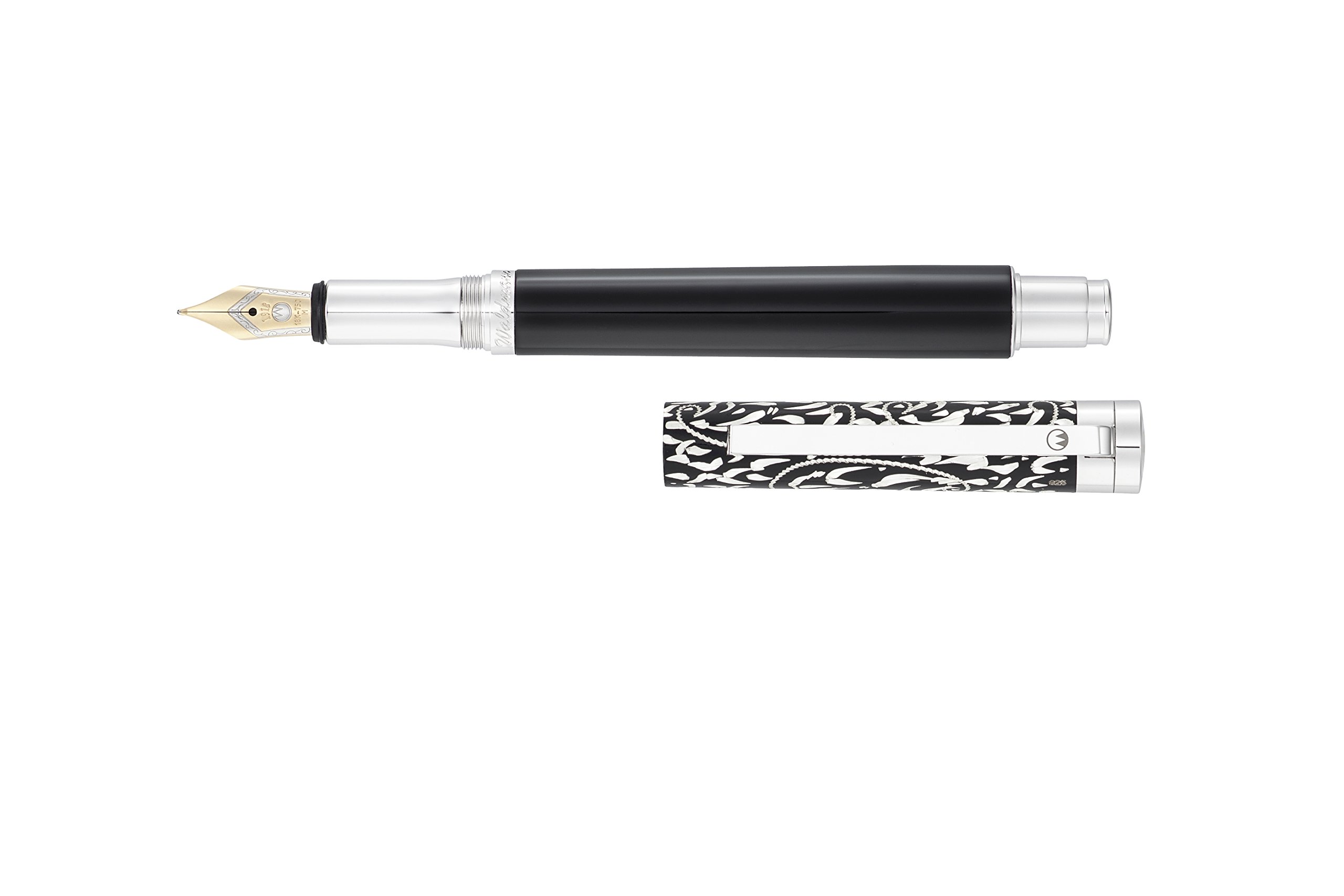 Waldmann Xetra Vienna, fountain pen with medium gold nib, hand engraved/black lacquer, solid silver 925