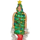 Anuedgis Women's Christmas Tree Costume Cute Sleeveless Plush Ball Tinsel Patchwork Hooded Mini Dress Funny Xmas Tree Outfit