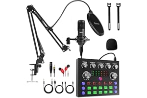 Podcast Equipment Bundle,Audio Interface with DJ Mixer and Voice Changer Studio Broadcast Microphone, Perfect for Recording,L
