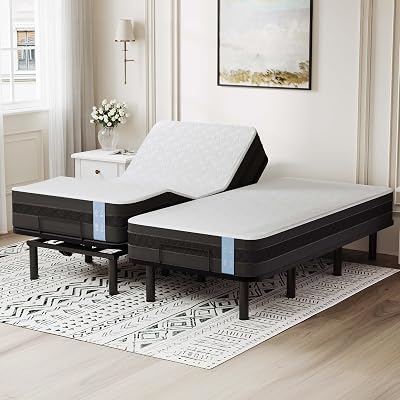 FLEXISPOT Adjustable Bed Frame Base Split King + 10" Cooling Gel Memory Foam Mattress, Massage, Head and Foot Incline, Zero Gravity, Zero Clearance, Under-Bed Lights, Anti-Snore, Wireless Remote