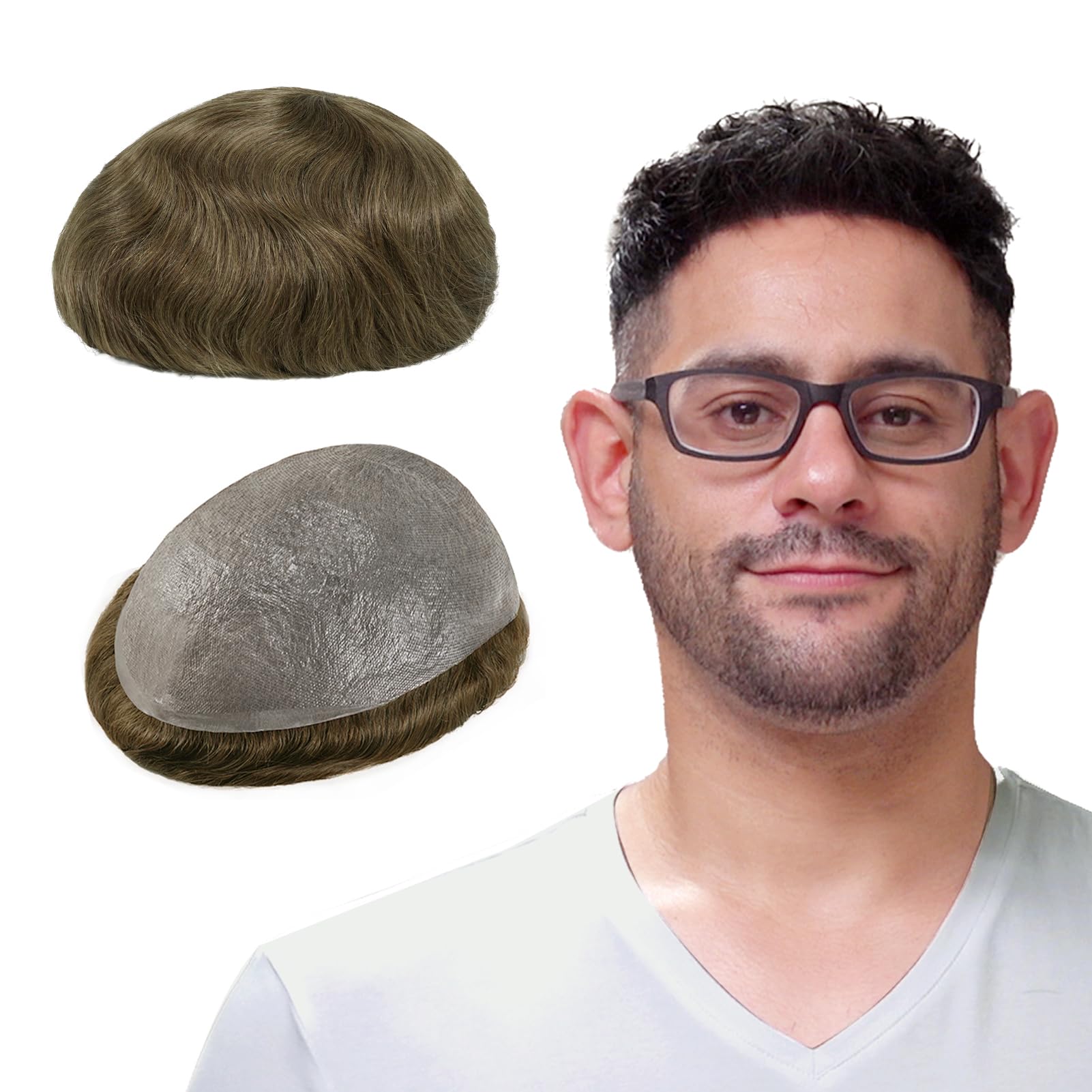 Lordhair Toupee for Men with 100% European human hair 8x10 inch Hairpiece for Men 0.03mm Ultra Thin Skin Hairsystem All V-looped Mens Toupee (Light Brown 7(ASH)) — image 1
