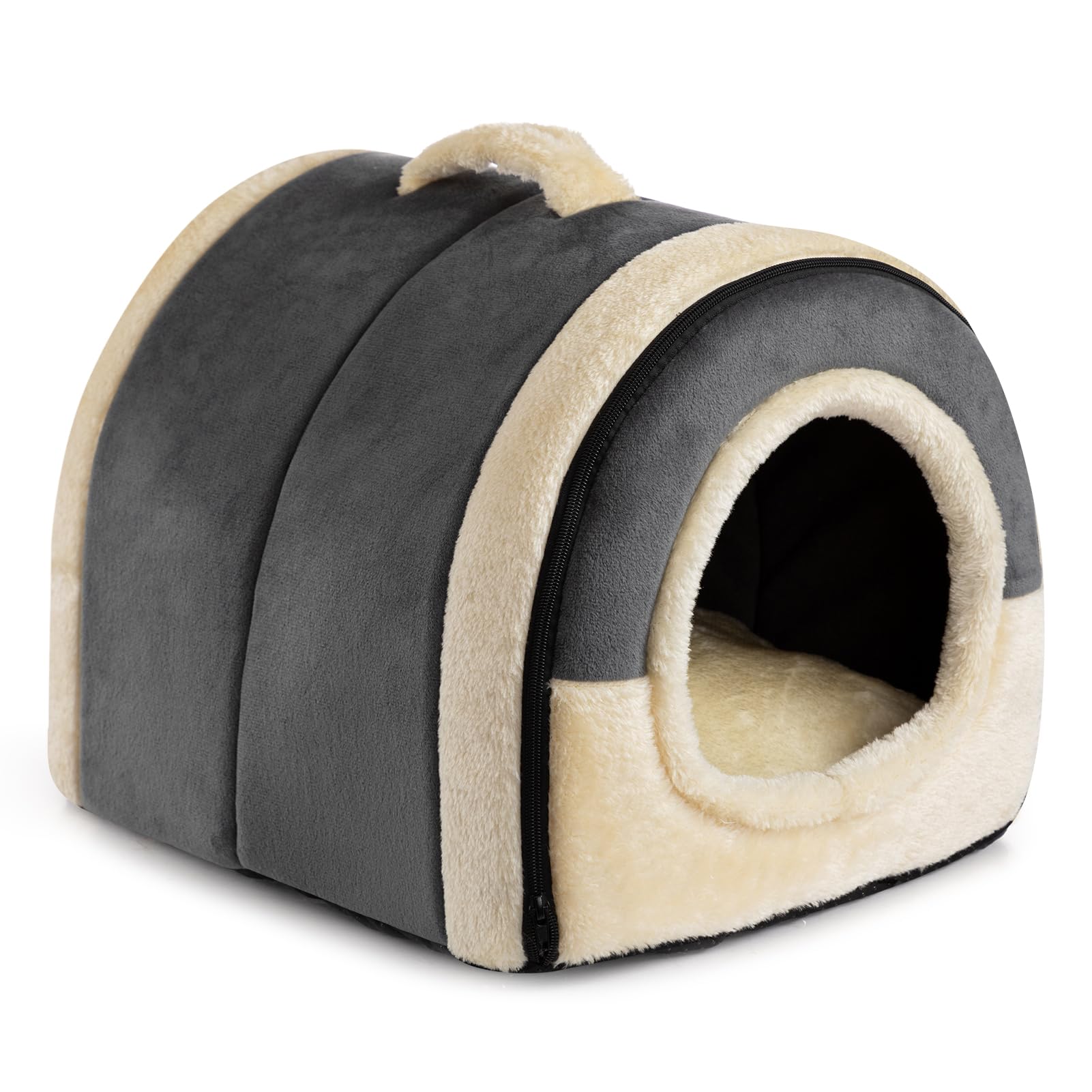 Hollypet Cat Bed Small Dog Bed, 2-in-1 Foldable Pet Beds for Cats and Small Dogs, Crystal Velvet Cat Cave Indoor Outdoor, Dark Grey