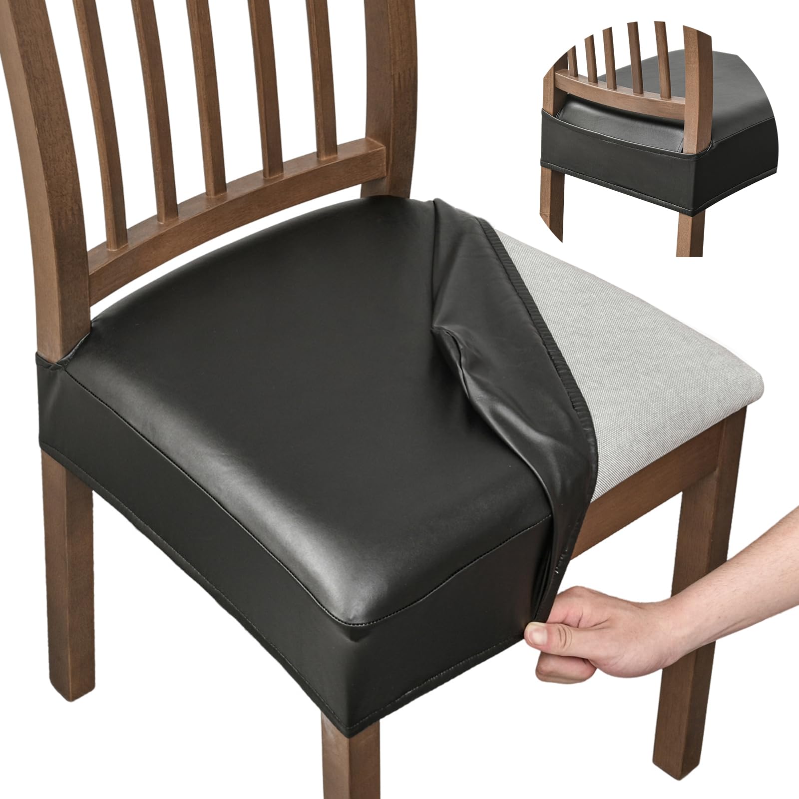 Photo 1 of FUANGUI Dining Chair Covers Set of 2, Waterproof PU Leather Stretch Chair Seat Slipcovers Soft Removable Washable Chair Covers Protector, Kitchen Chair Seat Covers Protectors Dining Room, PU-Black