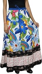 Mogul Interior Women's Maxi Skirt Bohemian Floral Printed Cotton Beach Gypsy Hippie Long Skirt L White,Blue