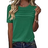 Ivicoer Womens Summer Tops Short Puff Sleeve Dressy Casual Blouses Crew Neck Pleated Tunic Loose Fit Spring T Shirts