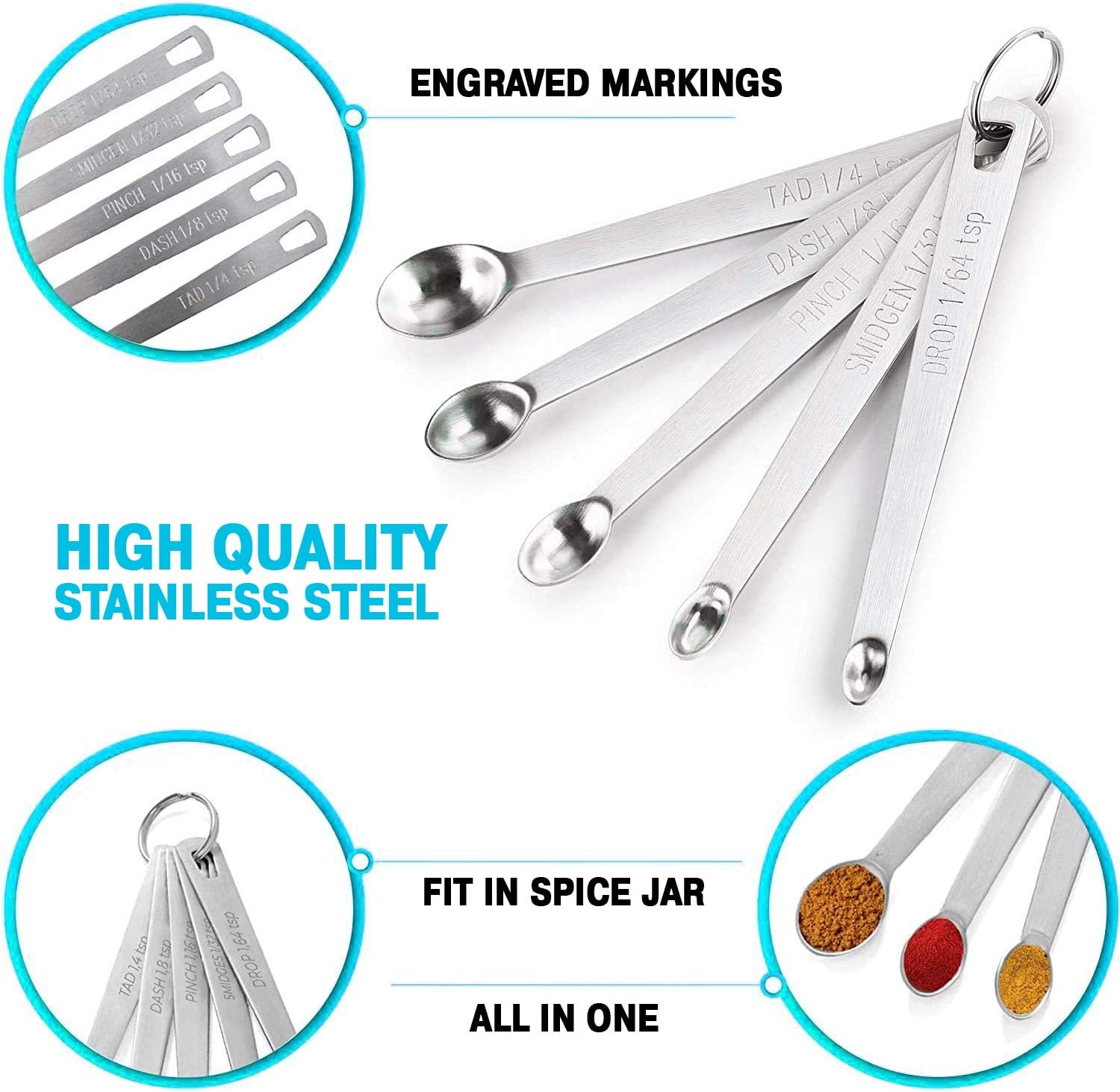 Measuring Spoons Set - 5 Mini Stainless Steel Measuring Spoons for for Dry or Liquid Ingredients - Perfect Fits in Spice Jar - Kitchen Baking & Coocking Tools Set With Hold Ring: Kitchen & Dining