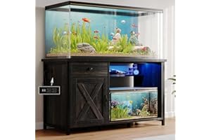 4ever2buy 55-75 Gallon Fish Tank Stand with Power Outlets, LED Light, Heavy Duty Aquarium Stand with Cabinet for Fish Tank Accessories Storage, for Turtle Tank, Reptile Terrarium, 1100LBS, Oak
