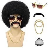 G&T Wig 70s Afro Wig for Men Disco Costume Set Glasses Chain Mustache Short Curly Natural Black Hair Fluffy Synthetic Funny Wig for Party Halloween Hippies Rocker(Black)