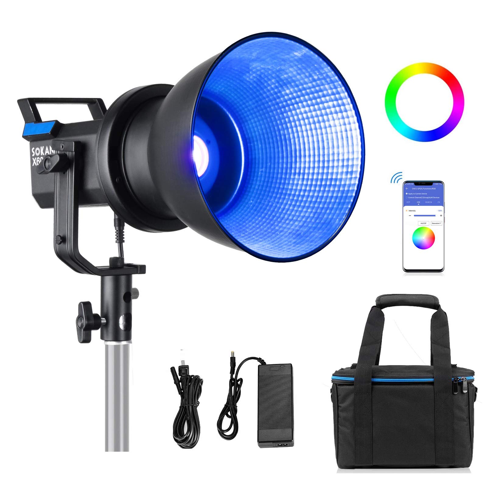Sokani X60 80W RGB LED Video Light with APP Control, Bi-Color 2800k-10000K CRI96+ TLCI 95+ Bowens Mount Lighting for Photography, Video Recording,Wedding,Outdoor Shooting