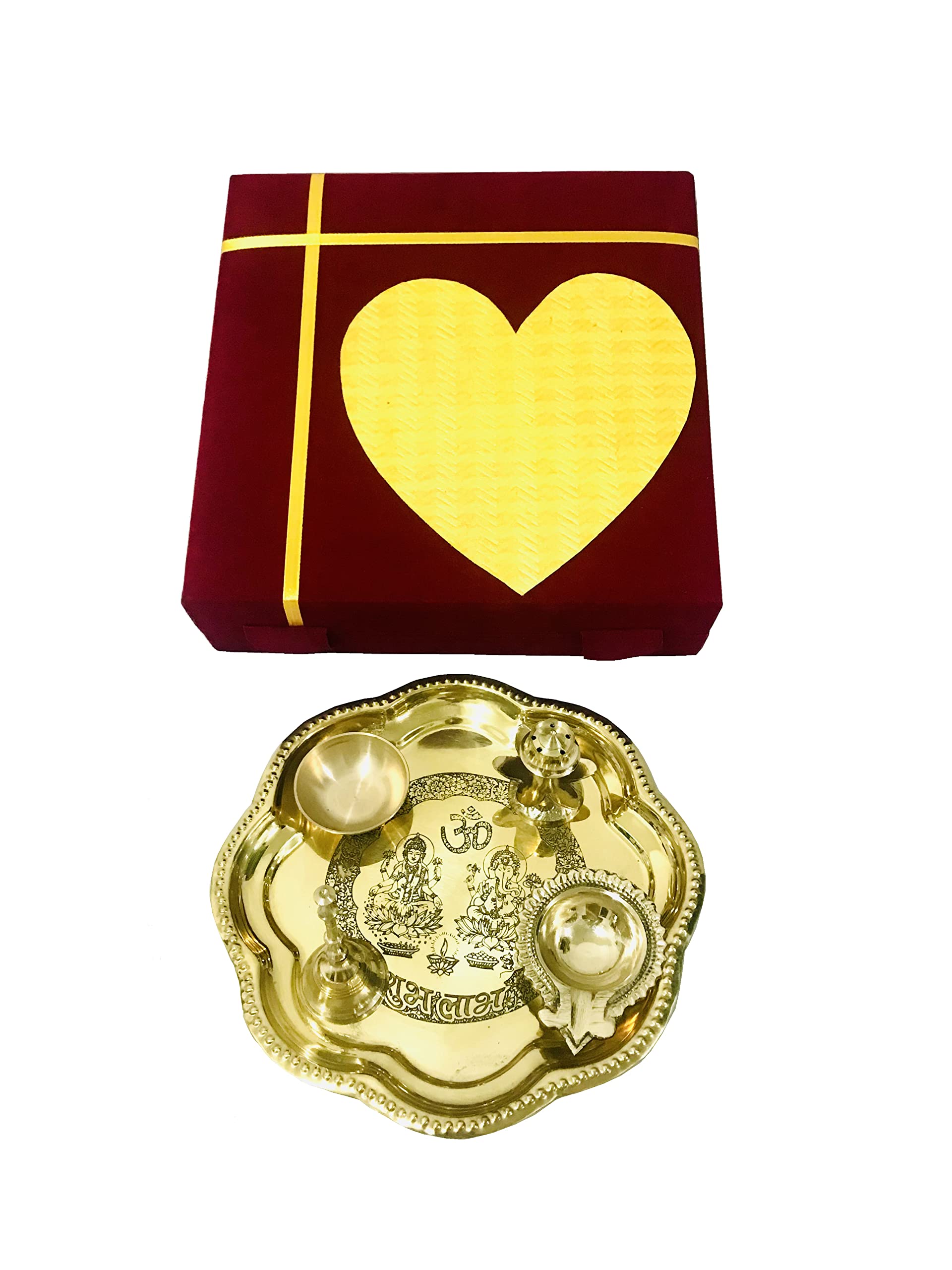 Brass Pooja thali Set Laxmi Ganesh shubh labh for Diwali Pooja Home temple Mandir Navratri Laxmi Pooja Thali puja plate set of 5 pcs housewarming red Velvet Box Heart Size- 8.5 inch
