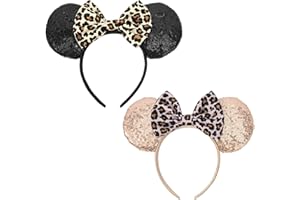 UNSPAZ Leopard Mouse Ears Headbands, 2 PCS Leopard Cheetah Mouse Ears Glitter Leopard Print Headbands for Women Girls Boys, Sequin Animal Ears Bow Headband for Cosplay Costume (Black&Champagne)
