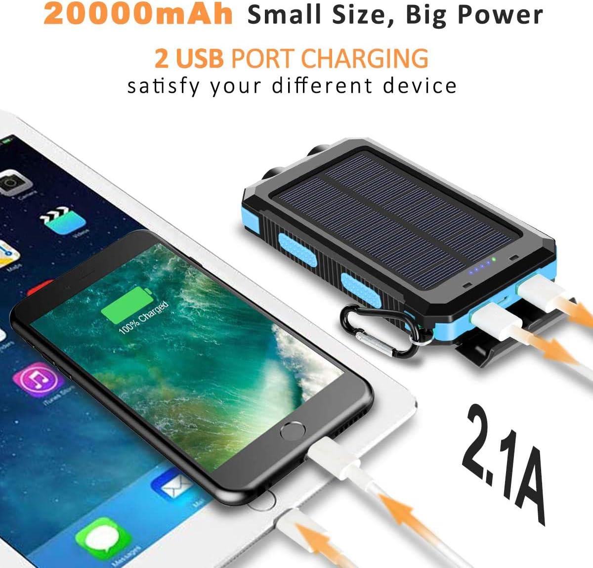 Solar Charger, 20000mAh Portable Outdoor Waterproof Solar Power Bank, Camping External Backup Battery Pack Dual 5V USB Ports Output, 2 Led Light Flashlight with Compass (Blue): Home Audio & Theater
