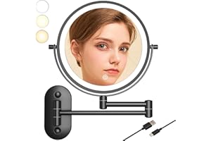 TUSHENGTU 8“Wall Mounted Makeup Mirror With Lights, 10x Magnifying Mirror Wall Mount for Vanity, Bathroom and Shaving, Rechargeable Wall Mounted Makeup Mirror Swing Arm with Adjustable Brightness (Black-10X)