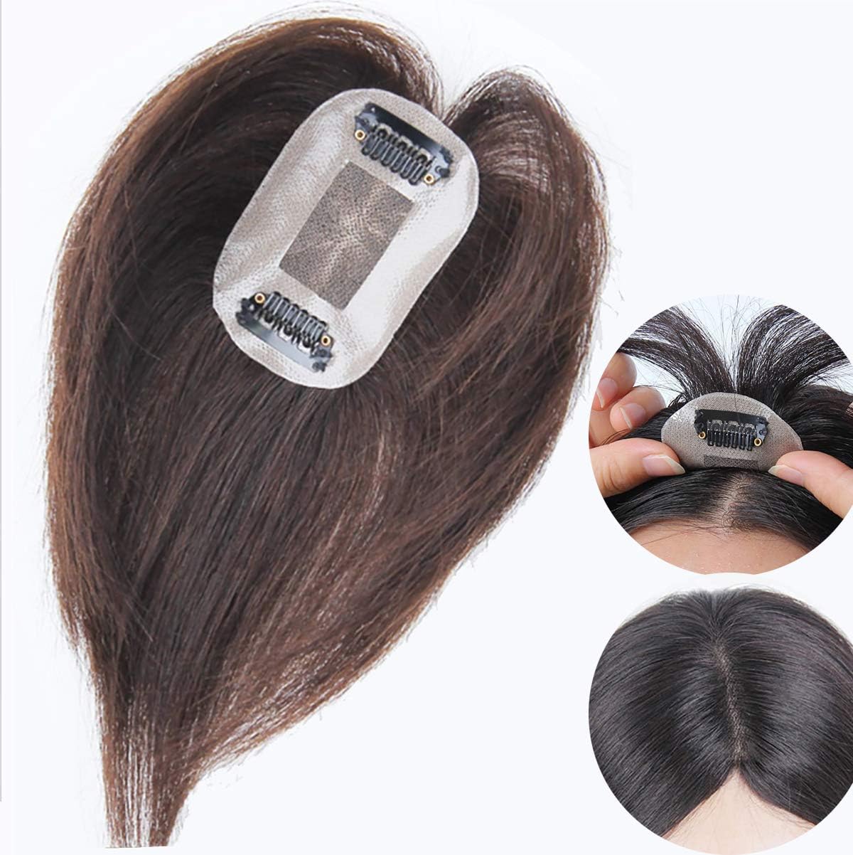 CNFCO 10 inch Silk Base Human Hair Toppers for Women Clip in Hair Top Hairpiece Natural Toupee for Tinning Hair, Dark Brown