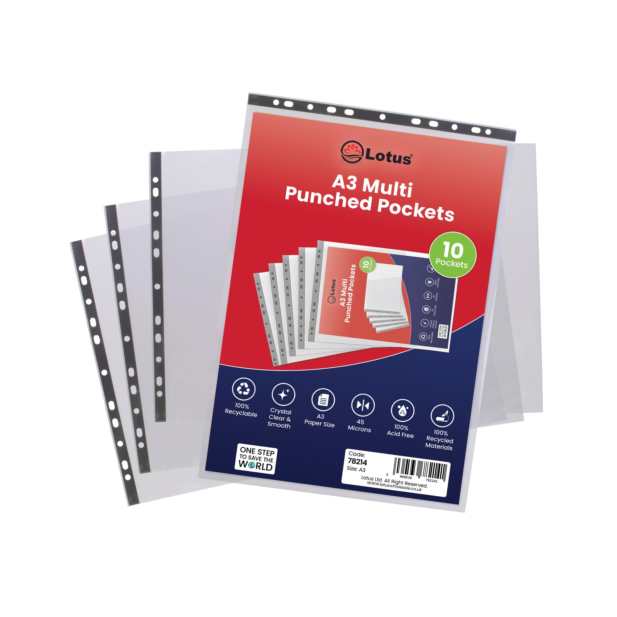Lotus Premium A3 Landscape Punched Pockets - Ultra Strong 90 Micron Transparent Poly Wallets, Glass Clear Sheet Protectors with Reinforced Edges, Ideal for Filing and Protection - 78214 (Pack of 10)
