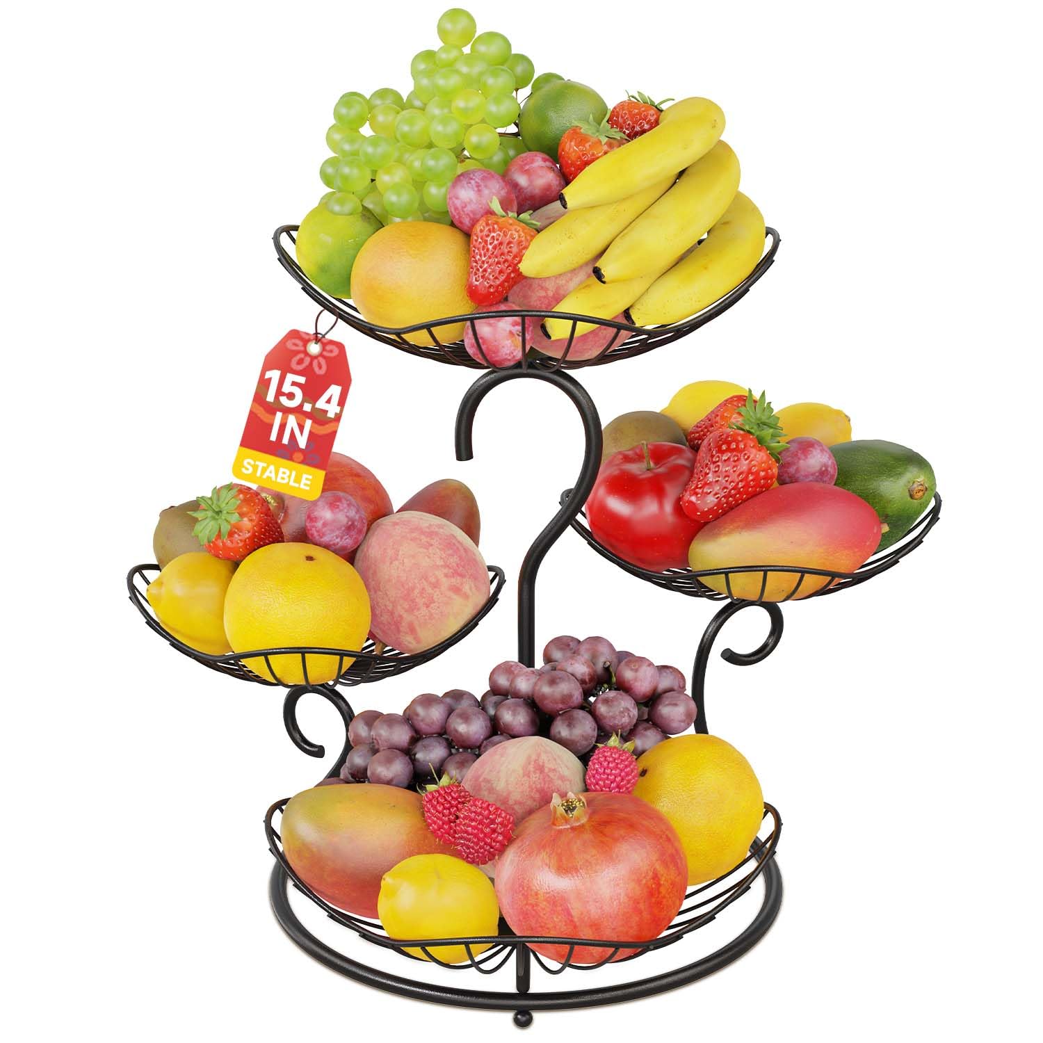 Photo 1 of PouHenier.jh 4 Tier Fruit Basket Stand for Counter, Kitchen Tiered Fruit Bowl Organizer for Dining Table Countertop, Multi Level Fresh Produce and Vegetable Holder Rack, Sturdy Metal Wire, Black