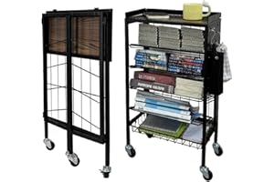 Lumizone Foldable Book Cart 6-Tier Large Capacity Bookshelf Single Sided V-Shaped Sloped Shelves With brake Wheels With PegBoard Slim Rolling Utility Cart Storage Rack, Home Shelves and Office (Black)