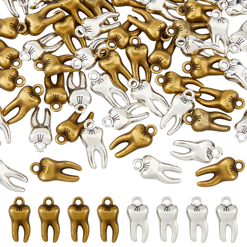 DICOSMETIC 60PCS Alloy Tooth Charms 2 Colors Tibetan Silver Vintage Teeth Charms Dental Hygienist Pendants Metal Dentist Charms for DIY Necklace Jewelry Making, Hole: 1.6mm