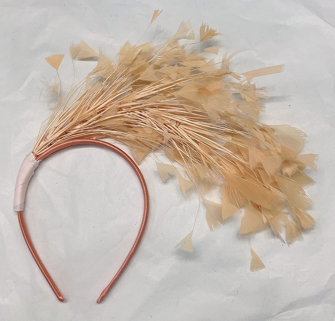 Full Feather Large Fascinator on Headband for Weddings and Races Alice Hair Band (Peach)