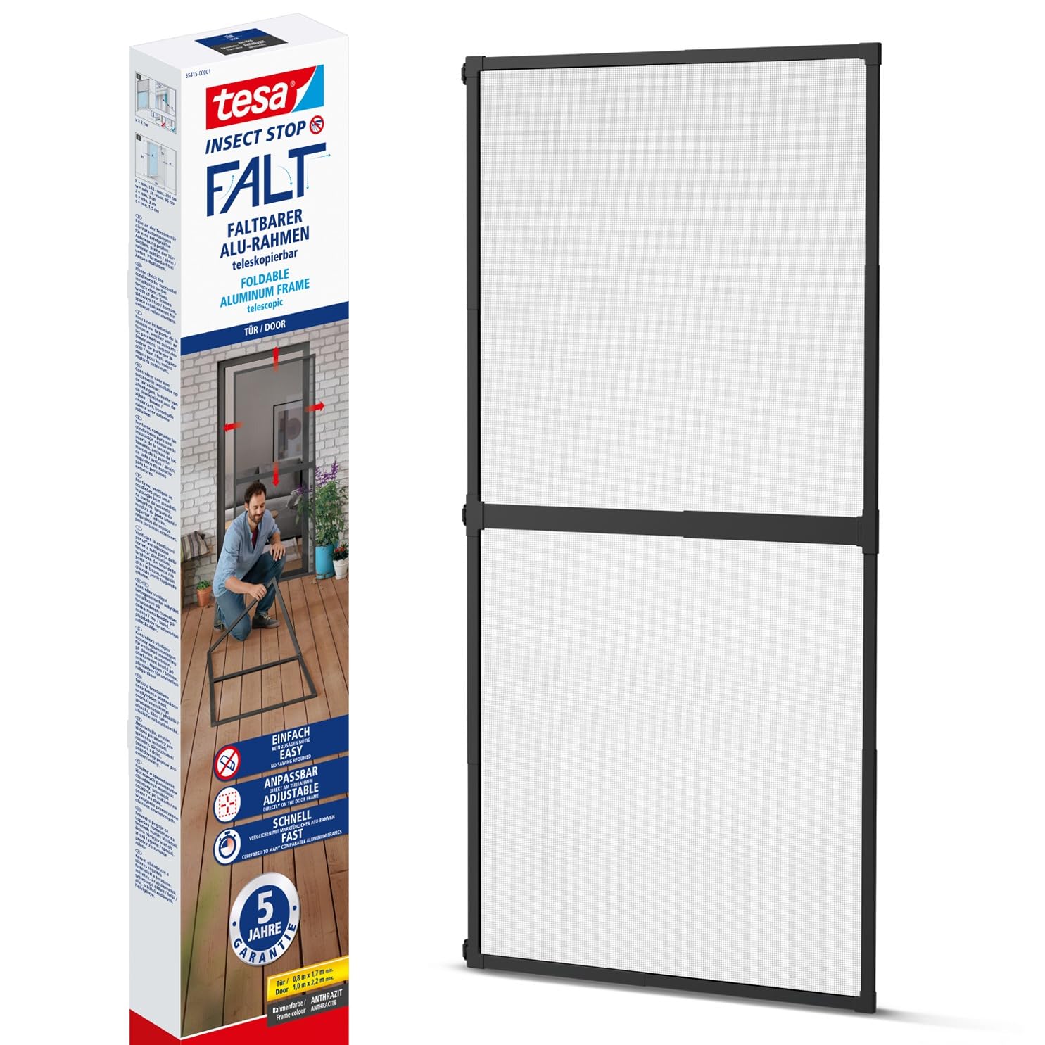 tesa Insect Stop FALT Aluminum Frame for Doors - Foldable Alu Frame - Fly Screen - with Adjustable Telescopic Rim - 80 cm x 170 cm to 100x cm x 220 cm - Anthracite