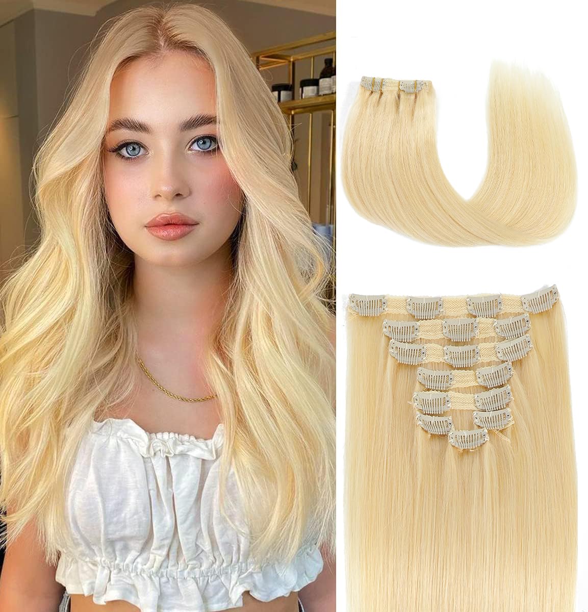 18inch Human Hair Clip in Hair Extensions 8pcs 100g Silky Straight-100% Virgin Remy Human Hair Double Lace Weft Seamless Clip in Human Hair Extensions for Women(18 Inch-100g, #613 Bleach Blonde)