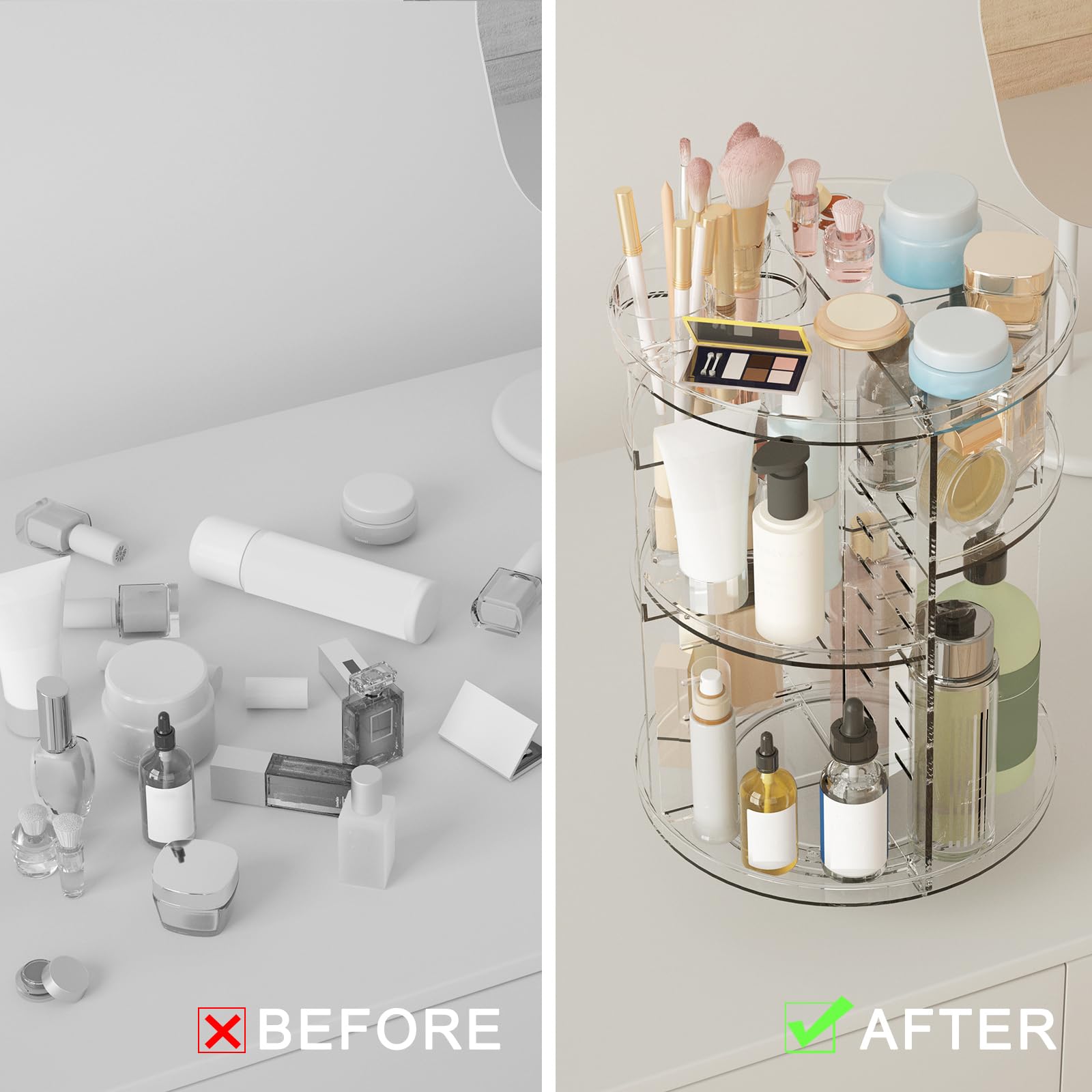 Rotating Makeup Organizer, DIY 8 Adjustable Layers Spinning Skincare Organizer, Cosmetic Display Case with Brush Holder Perfume Tray, Multi-Function Storage Carousel for Vanity Bathroom Countertop