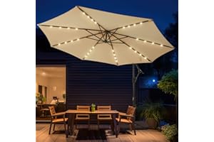 wikiwiki 10ft Solar LED Offset Hanging Market Patio Umbrella for Backyard, Poolside, Lawn and Garden,Easy Tilt Adjustment, Polyester Shade & Cross Base, Cream Beige