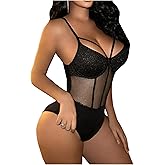 SOLY HUX Women's Mesh Sheer Bodysuit Sparkly Cut Out Spaghetti Strap Cami Bodysuits Tops