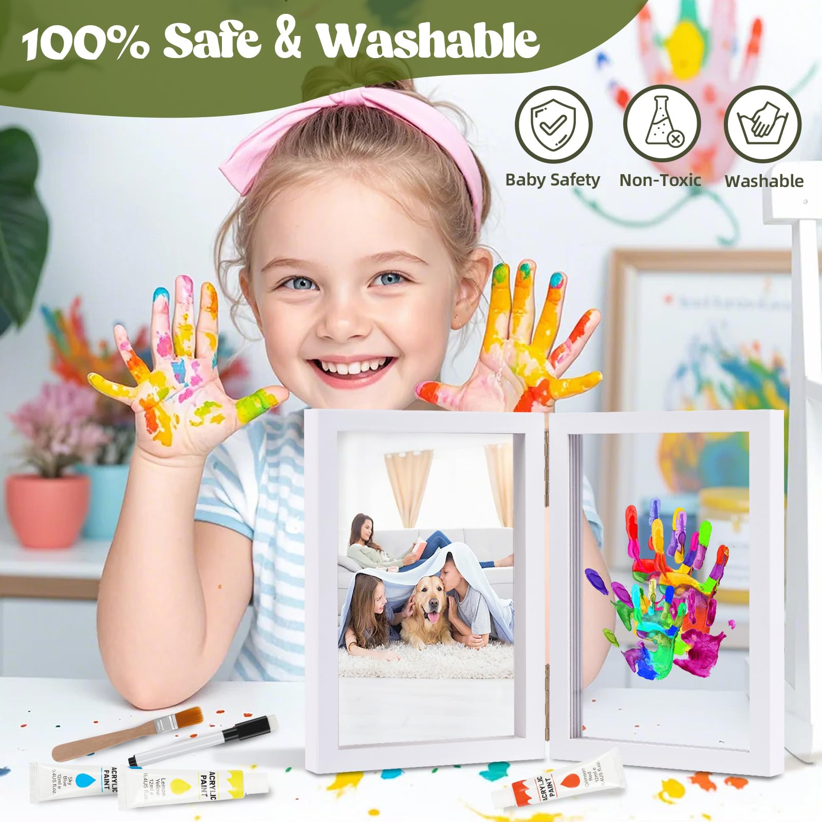 Family Handprint Kit, DIY Baby Hand and Footprint Handmade Keepsake Wooden Frame, Family Gifts with 5 Non-Toxic Baby-Safe Paint, Ideas Gift for New Parents, Grandparents, Father's Day, Mother's Day