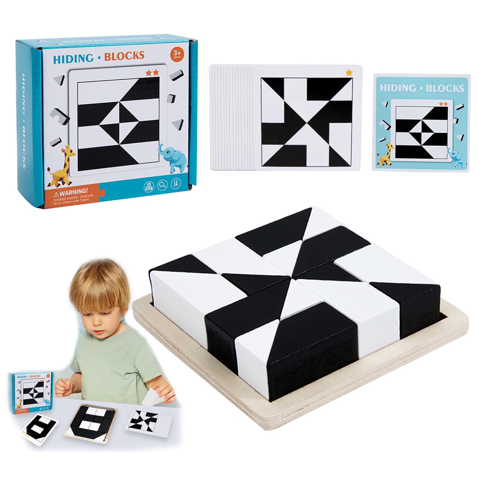 Wooden Hidden Puzzle, Pattern Blocks Set, 40 Double-Sided Design Cards, Thinking Toy, Parent-Child Interactive Tabletop Game, Fun Thinking Training Blocks, Gifts for Kids