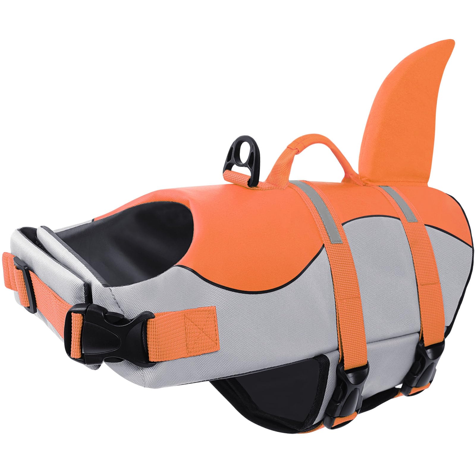 CITÉTOILE Dog Life Jacket Shark Costume, Puppy Safety Vest for Swimming Pool Beach Boating, Training Flotation Vest with Rescue Handle & Reflective Strips for Dogs, Orange, S