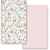 GRSSDER Stretchy Ultra Soft Jersey Knit Fitted Crib Sheets Set 2 Pack, Cozy Crib Sheet Girl Fits All Standard Crib Mattress Pads, Beautiful Pink Rose Print