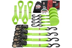 Vehiclex Ratchet Tie Down Straps (1800 Lbs Break Strength) - 15 Ft Versatile Straps for Powersports, Home, Garage, and Outdoor Use - Soft Loops, Deep S-Hooks & Comfort Grip Handle (4 Pack, Green)