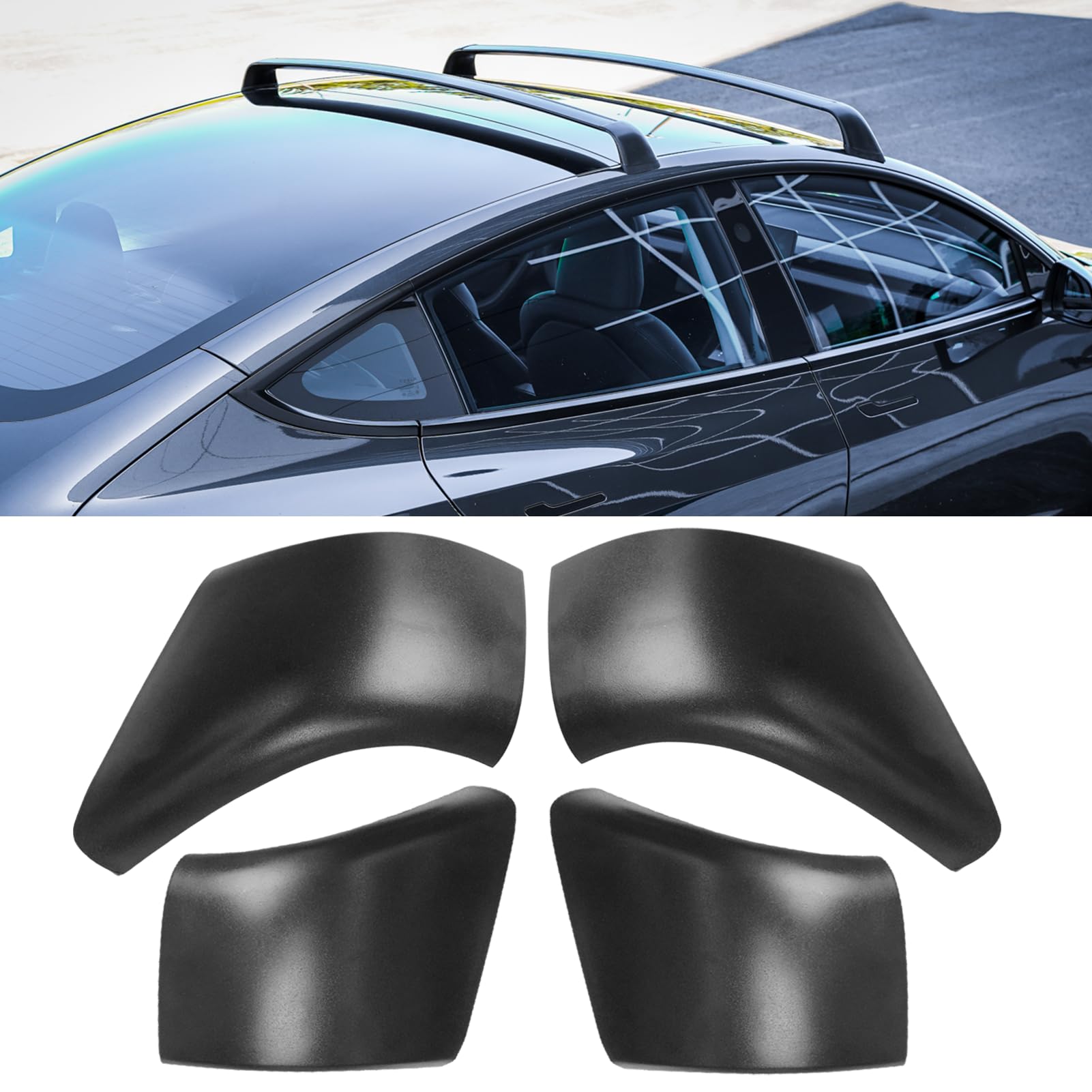 Photo 1 of Jaronx Compatible with Tesla Model 3 Roof Rack Cover Rail End Shell 2017-2023, 4PCS Roof Rack Cross Bar Covers for Tesla Model 3, Replace for 1145397-00-A 1145398-00-A 1145399-00-A 1145400-00-A
